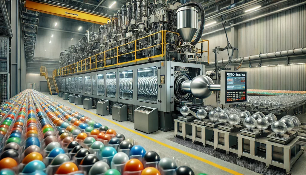Euro-Matic – DALL·E 2024 09 02 14.20.12 – Een industriële fabrieksomgeving waar geavanceerde extrusieblaasvormtechnologie wordt toegepast