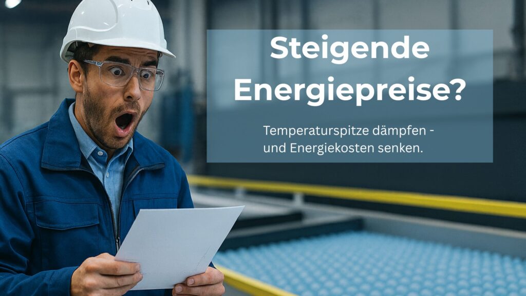 Industriemitarbeiter mit Bauhelm blickt erschrocken auf Kostenblatt; im Hintergrund technische Abdeckkugeln im Kühlbecken - Temperaturspitzen dämpfen & Energiekosten senken.