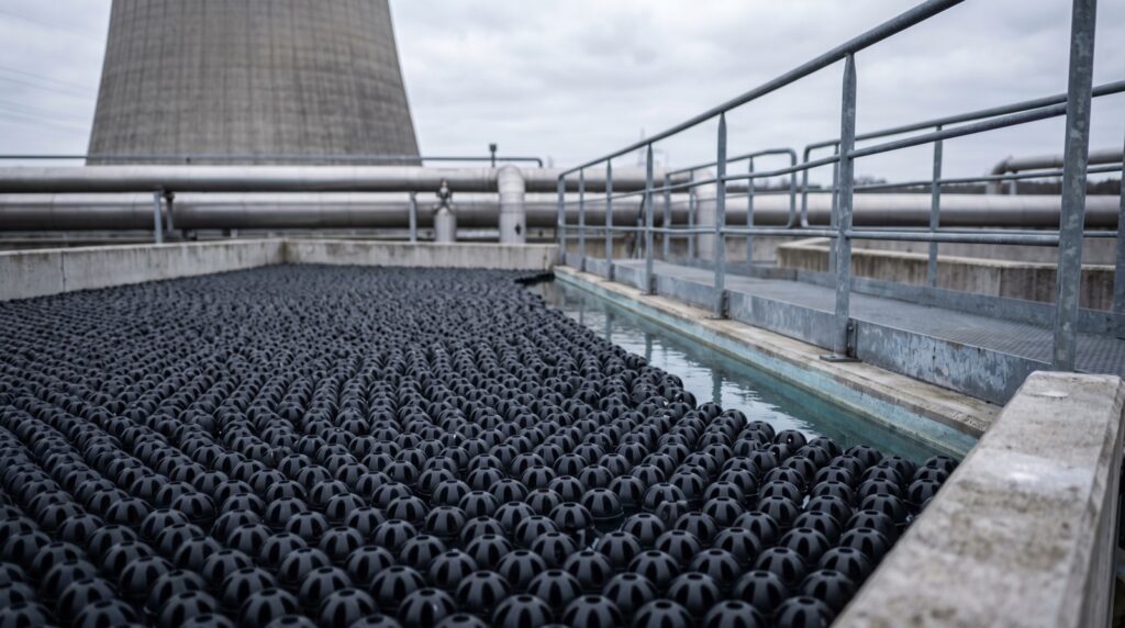 Rückkühlbecken abdecken: Wasseroberfläche eines Industriebeckens vollständig mit schwarzen Abdeckkugeln bedeckt, Kühlturm im Hintergrund