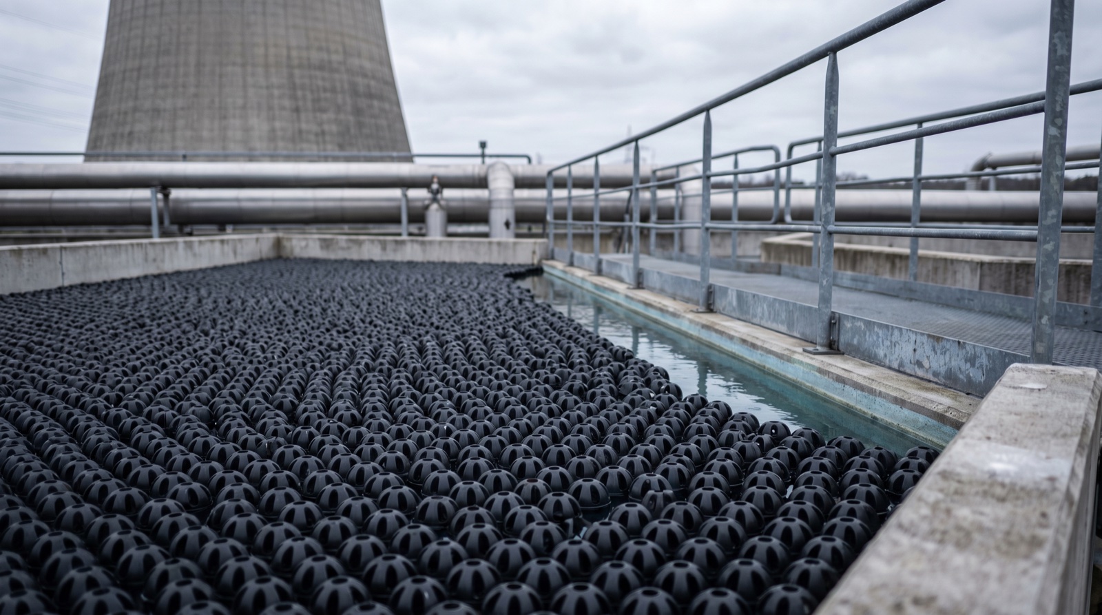Rückkühlbecken abdecken: Wasseroberfläche eines Industriebeckens vollständig mit schwarzen Abdeckkugeln bedeckt, Kühlturm im Hintergrund