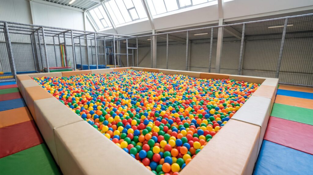 Großes Bällebad in einem Indoor-Spielplatz mit farbigen Bällen und umlaufender Einfassung