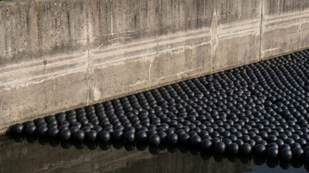 Betonböschung eines Rückhaltebeckens mit Wasserstandslinien, Abdeckkugeln liegen auf der Wasseroberfläche